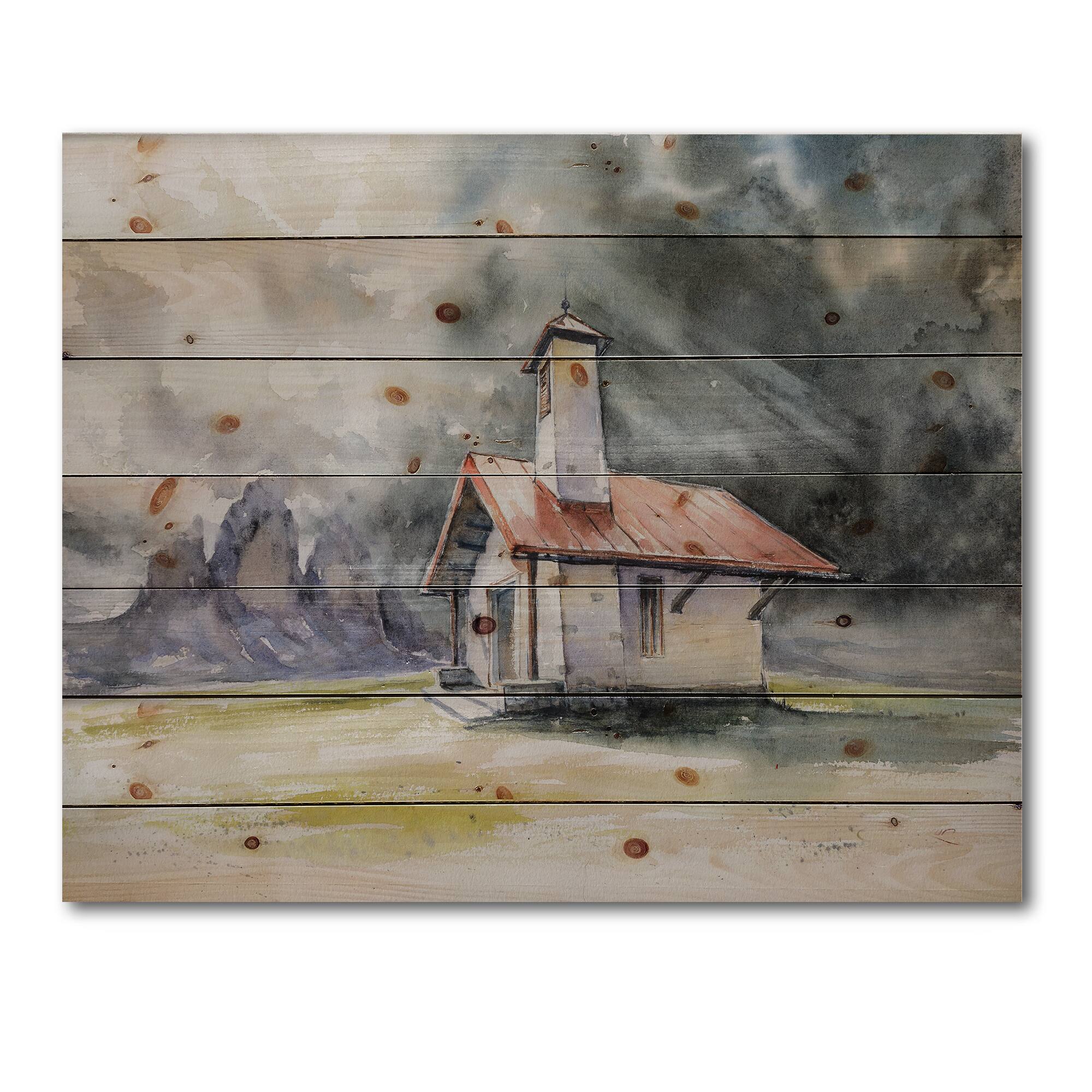 Designart - Rustic House On Mountain Top During Storm - Country Print on Natural Pine Wood